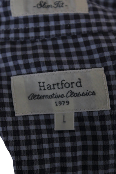 Hartford Mens Plaid Slim Fit Button Down Shirt Blue Cotton Size Large