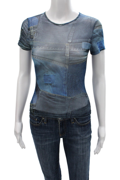 Miaou Womens Blue Basic T-Shirt Short Sleeve Crew Neck Geometric Size S