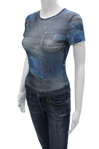 Miaou Womens Blue Basic T-Shirt Short Sleeve Crew Neck Geometric Size S