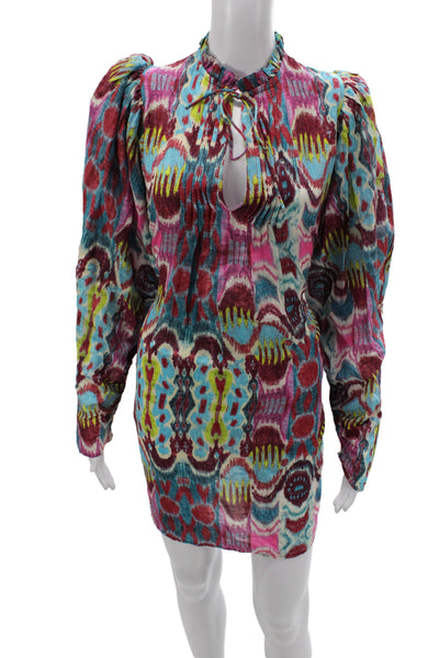 Mariacher Women Bohemian Cotton Mini Dress High Neck Longsleeve Size XS