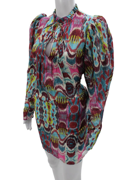 Mariacher Women Bohemian Cotton Mini Dress High Neck Longsleeve Size XS