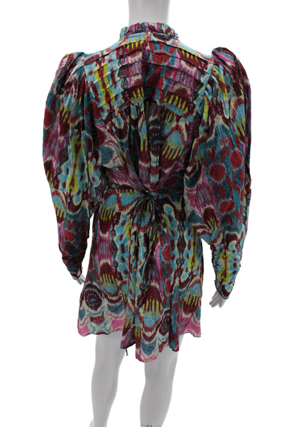 Mariacher Women Bohemian Cotton Mini Dress High Neck Longsleeve Size XS