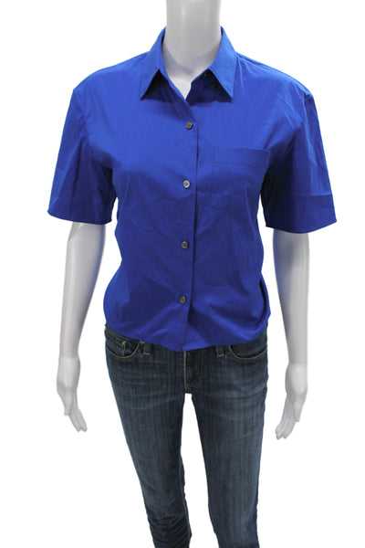 Theory Womens Basic Collared Short Sleeve Button-Up Top Blue Cotton Size S