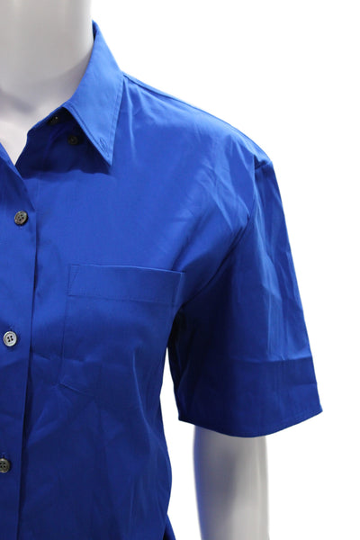 Theory Womens Basic Collared Short Sleeve Button-Up Top Blue Cotton Size S