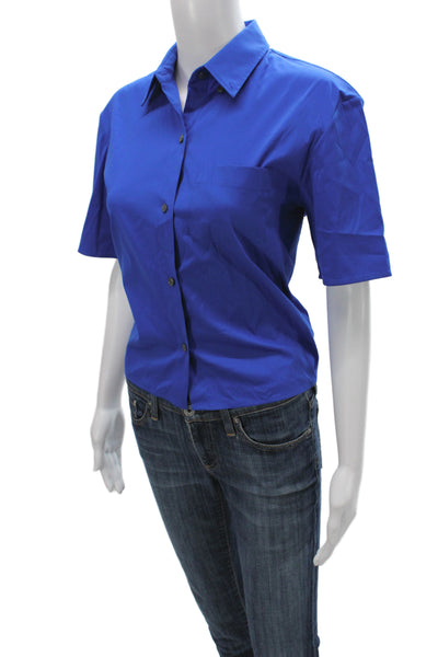 Theory Womens Basic Collared Short Sleeve Button-Up Top Blue Cotton Size S