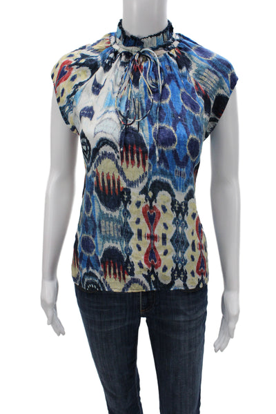 Mariacher Womens Bohemian Silk Tunic High Neck Tie Short Sleeve Blue Size M