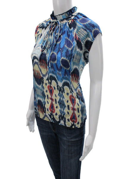 Mariacher Womens Bohemian Silk Tunic High Neck Tie Short Sleeve Blue Size M