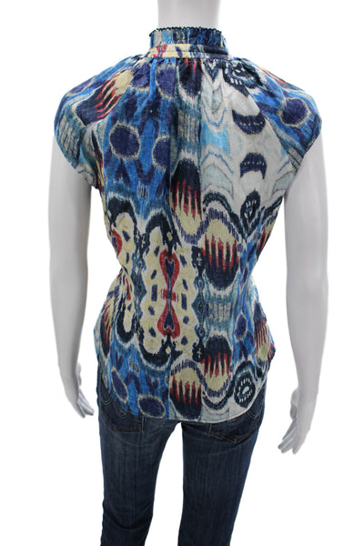 Mariacher Womens Bohemian Silk Tunic High Neck Tie Short Sleeve Blue Size M