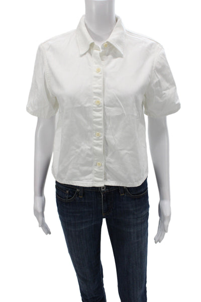 Theory Women Basic Collared Short Sleeve Cotton Button Up Top White Size S