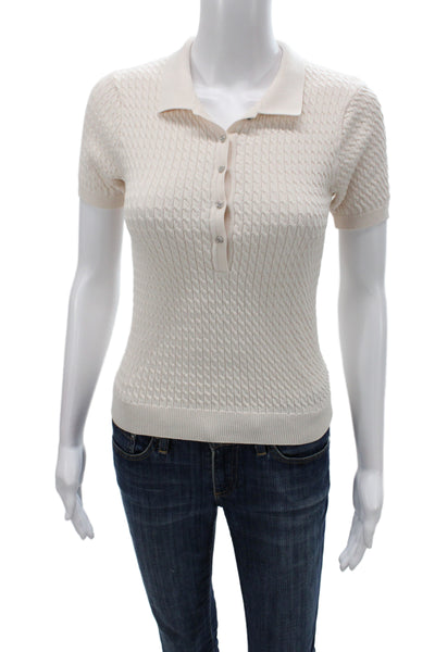 Zara Womens Pullover Sweater Ivory Cotton Collared Short Sleeve Size S