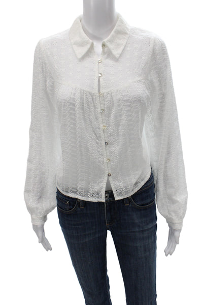 Zara Women Cropped Floral Cotton Collared Button Blouse Boho Long Sleeve Size S