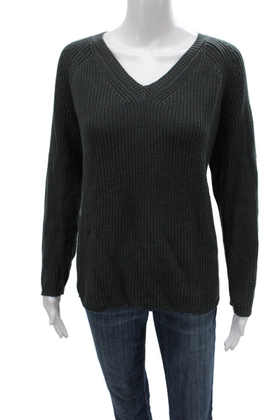 Metric Knits Women Green V Neck Cotton Pullover Long Sleeve Size M