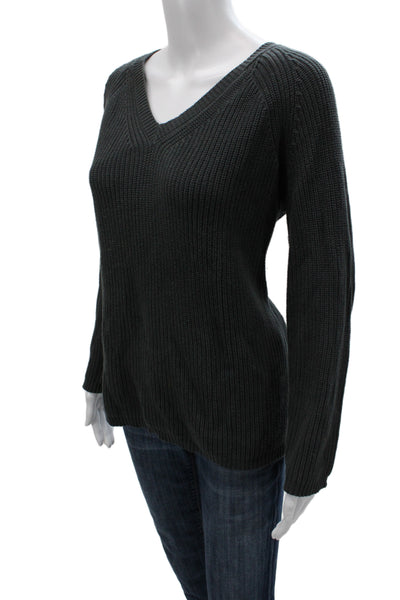 Metric Knits Women Green V Neck Cotton Pullover Long Sleeve Size M