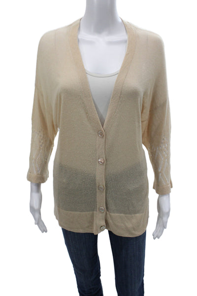 Autumn Cashmere Womens Beige V-Neck 3/4 Sleeve Cardigan Size S