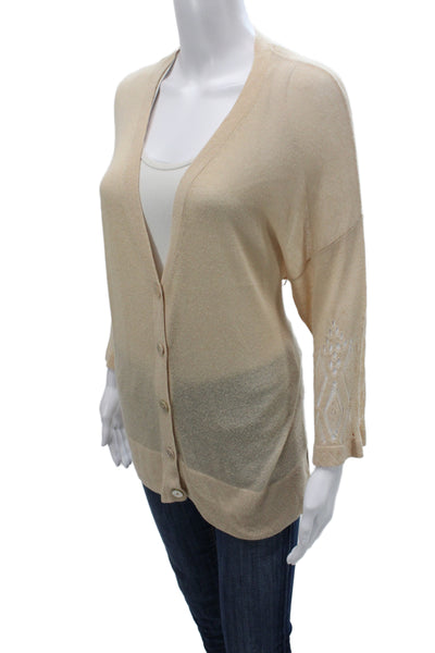 Autumn Cashmere Womens Beige V-Neck 3/4 Sleeve Cardigan Size S