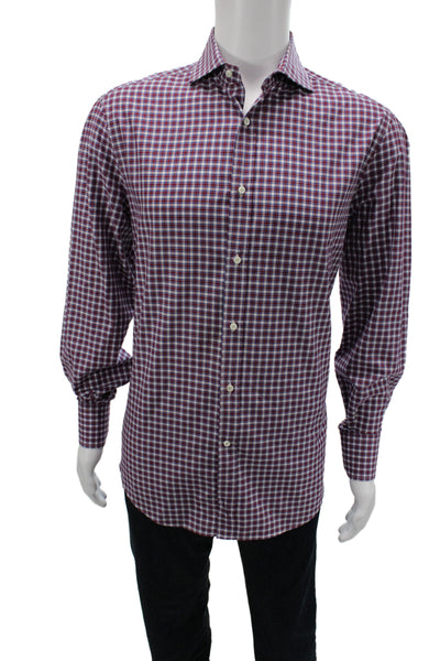 Brunello Cucinelli Mens Button Front Long Sleeve Plaid Shirt Red White Large