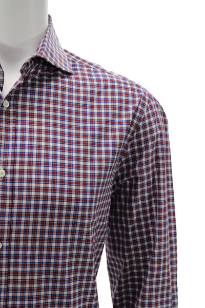 Brunello Cucinelli Mens Button Front Long Sleeve Plaid Shirt Red White Large