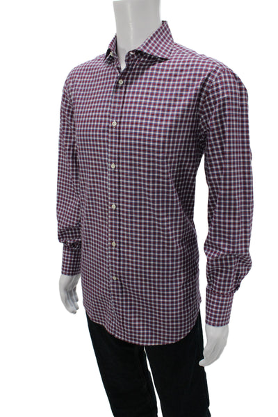 Brunello Cucinelli Mens Button Front Long Sleeve Plaid Shirt Red White Large