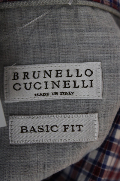 Brunello Cucinelli Mens Button Front Long Sleeve Plaid Shirt Red White Large