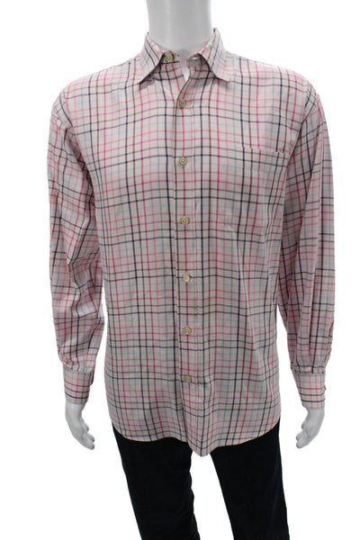 James Tattersall Mens Button Front Collared Plaid Shirt Pink Multi Size Large