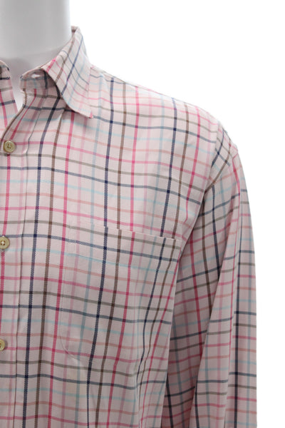James Tattersall Mens Button Front Collared Plaid Shirt Pink Multi Size Large