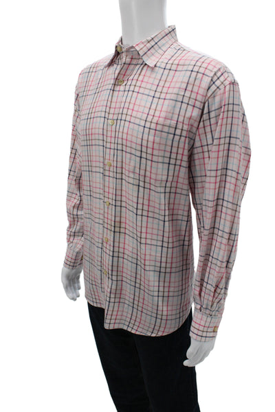 James Tattersall Mens Button Front Collared Plaid Shirt Pink Multi Size Large