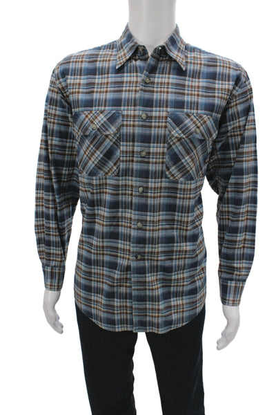 Pendleton Mens Button Front Collared Plaid Shirt Blue Brown Cotton Size Medium