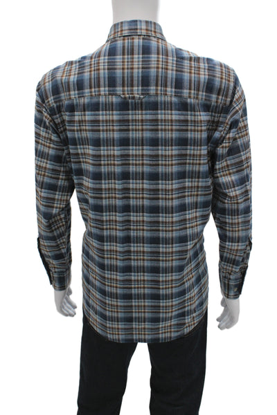 Pendleton Mens Button Front Collared Plaid Shirt Blue Brown Cotton Size Medium