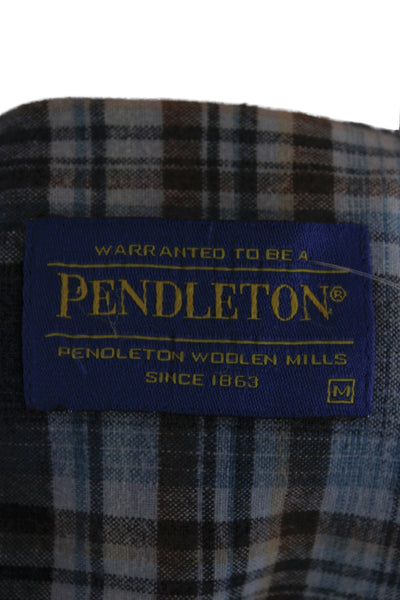 Pendleton Mens Button Front Collared Plaid Shirt Blue Brown Cotton Size Medium