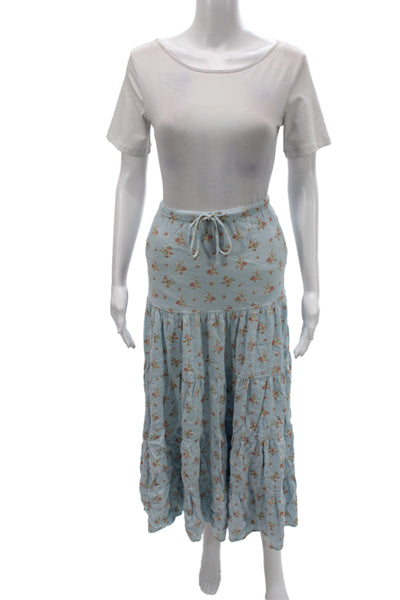 Free People Womens Boho Maxi Skirt Blue Floral Viscose Drawstring Size S