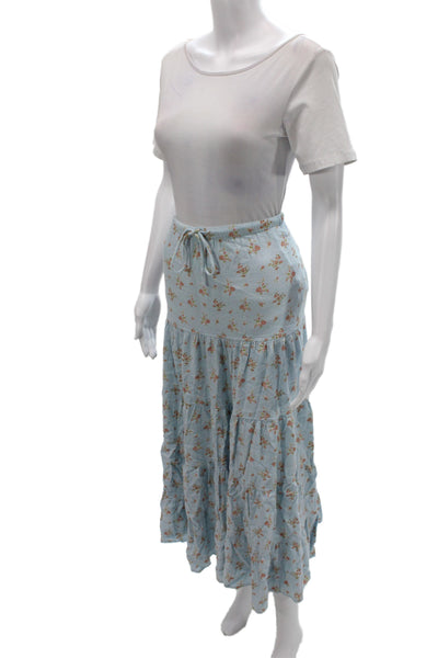 Free People Womens Boho Maxi Skirt Blue Floral Viscose Drawstring Size S
