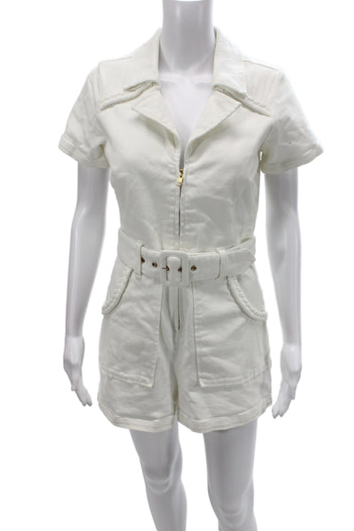 Show Me Your Mumu Women White Collared Western Short Sleeve Romper Zip Size M