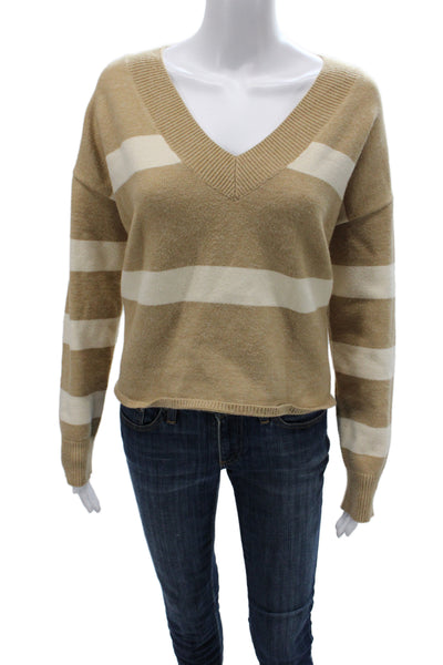 LNA Womens Pullover Sweater Beige V Neck Striped Long Sleeve Size M
