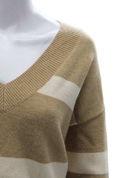 LNA Womens Pullover Sweater Beige V Neck Striped Long Sleeve Size M