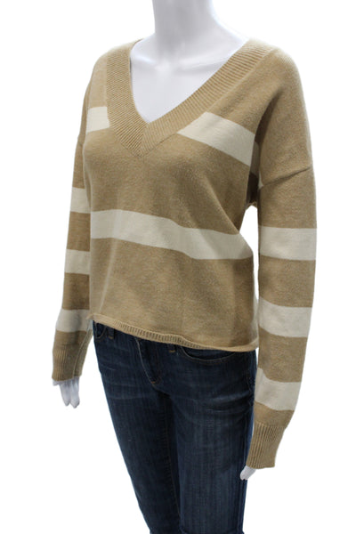 LNA Womens Pullover Sweater Beige V Neck Striped Long Sleeve Size M