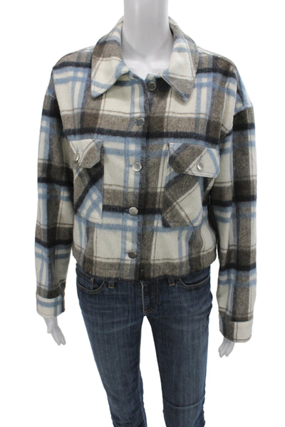 Zara Women Blue Plaid Basic Jacket Polyamide Button Long Sleeve Casual Size M