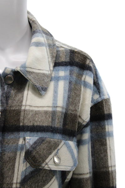 Zara Women Blue Plaid Basic Jacket Polyamide Button Long Sleeve Casual Size M