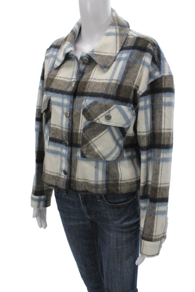 Zara Women Blue Plaid Basic Jacket Polyamide Button Long Sleeve Casual Size M