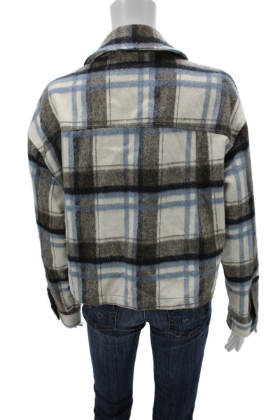 Zara Women Blue Plaid Basic Jacket Polyamide Button Long Sleeve Casual Size M