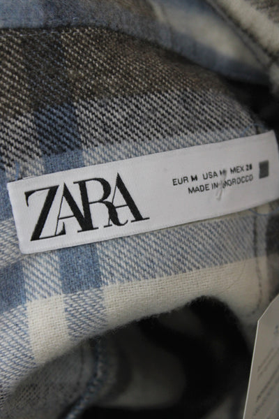 Zara Women Blue Plaid Basic Jacket Polyamide Button Long Sleeve Casual Size M