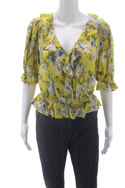 Icons Womens Cropped V Neck Floral Viscose Blouse 3/4 Sleeve Yellow Size M