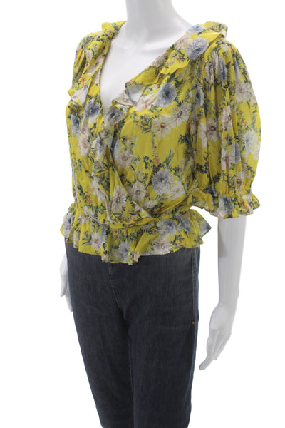 Icons Womens Cropped V Neck Floral Viscose Blouse 3/4 Sleeve Yellow Size M