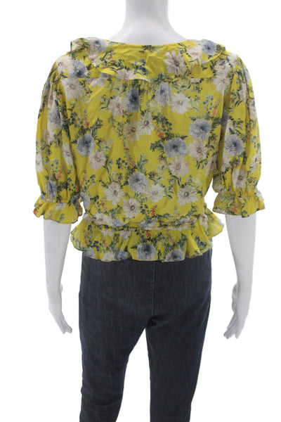 Icons Womens Cropped V Neck Floral Viscose Blouse 3/4 Sleeve Yellow Size M