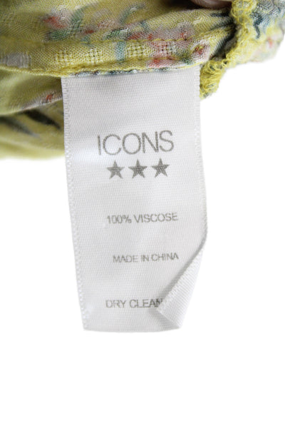 Icons Womens Cropped V Neck Floral Viscose Blouse 3/4 Sleeve Yellow Size M