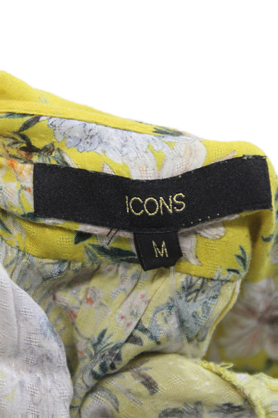 Icons Womens Cropped V Neck Floral Viscose Blouse 3/4 Sleeve Yellow Size M