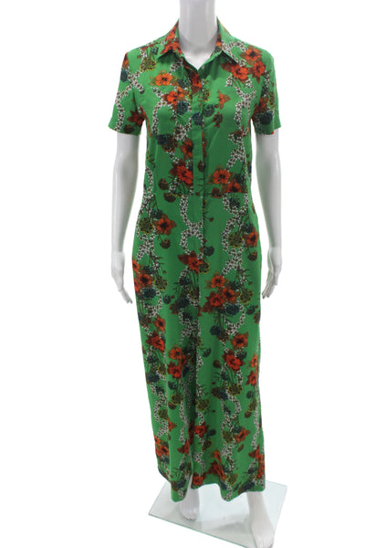 Sandro Womens Green Floral Silk Collared Short Sleeve Jumpsuit Size S