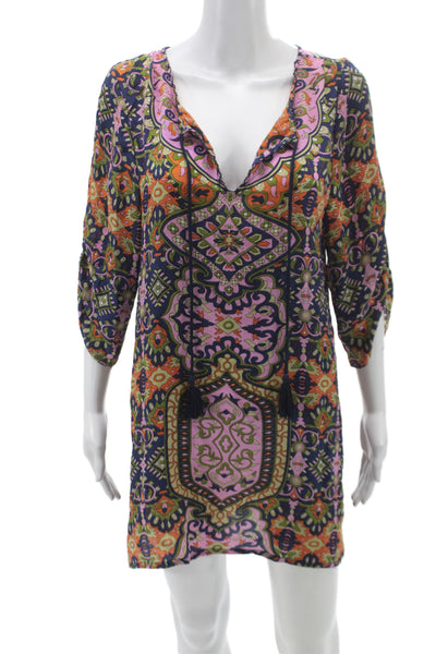 Tolani Womens Silk Paisley V-Neck Shift Dress 3/4 Sleeve Multicolor Size S