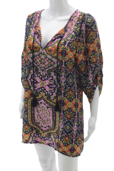 Tolani Womens Silk Paisley V-Neck Shift Dress 3/4 Sleeve Multicolor Size S