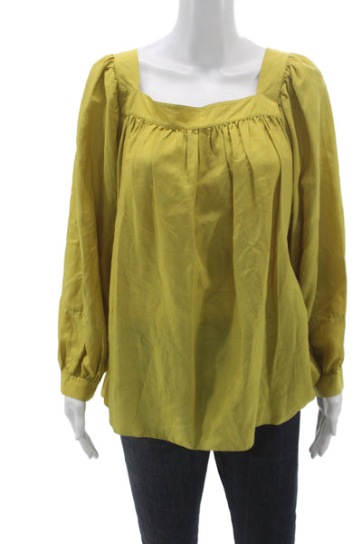 DKNY Womens Basic Silk Square Neck Long Sleeve Blouse Yellow Bohemian Size L