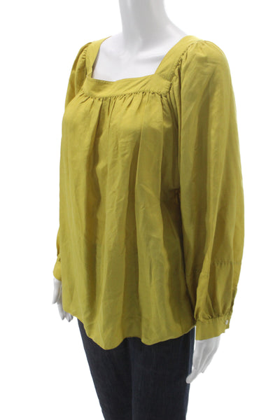 DKNY Womens Basic Silk Square Neck Long Sleeve Blouse Yellow Bohemian Size L